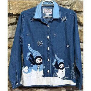 Women’s Vintage 90s Tantrums Denim Jean Jacket Snowman Winter Holiday Size Mediu